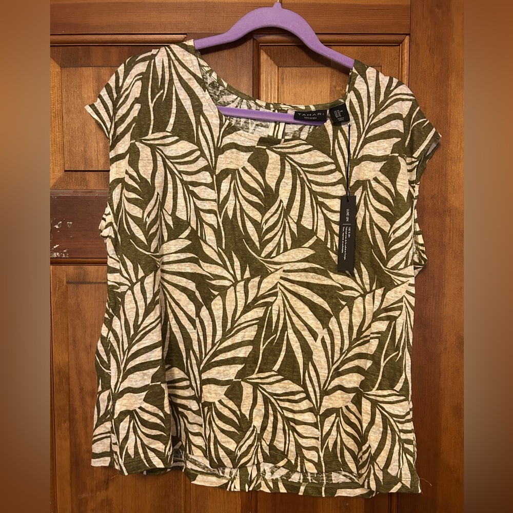 NWT Tahari Olive Leaf Print 100% Linen Women's Blouse